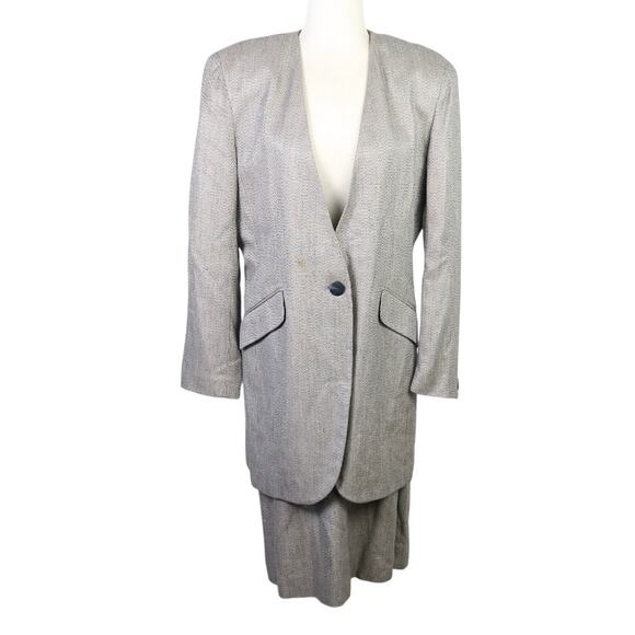 Vintage 80s Christian Dior Grey Herringbone Blazer and Skirt Suit 14 - Picture 1 of 10